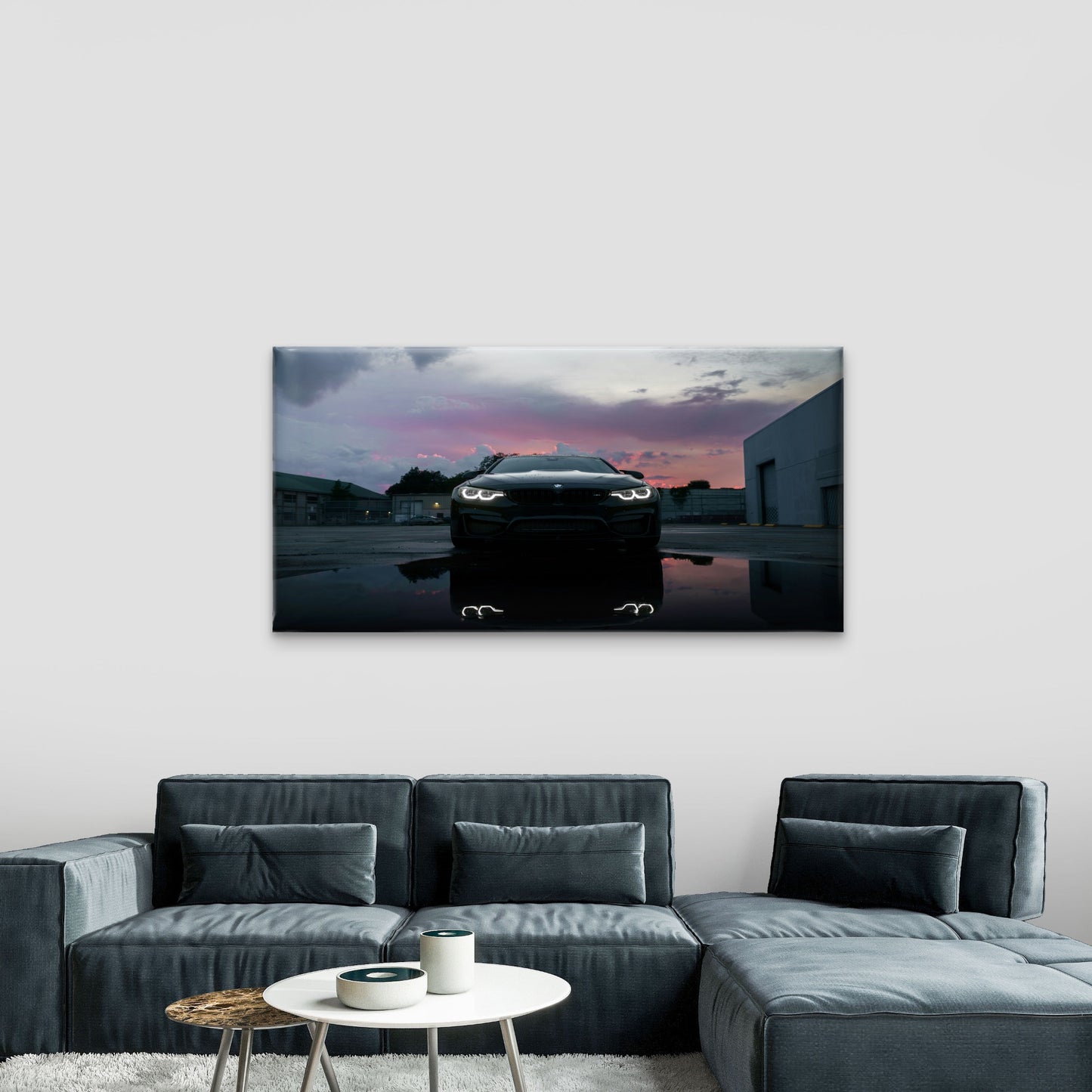 BMW M4 Coupe At Dusk With Its Headlights Illuminated Wall Art Canvas Office Home Room Framed 120x60cm
