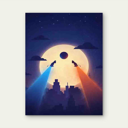 City Moon Lights with & Orange Glow 40x60cm Metal Print Ready to Hang - Bella Home Decor