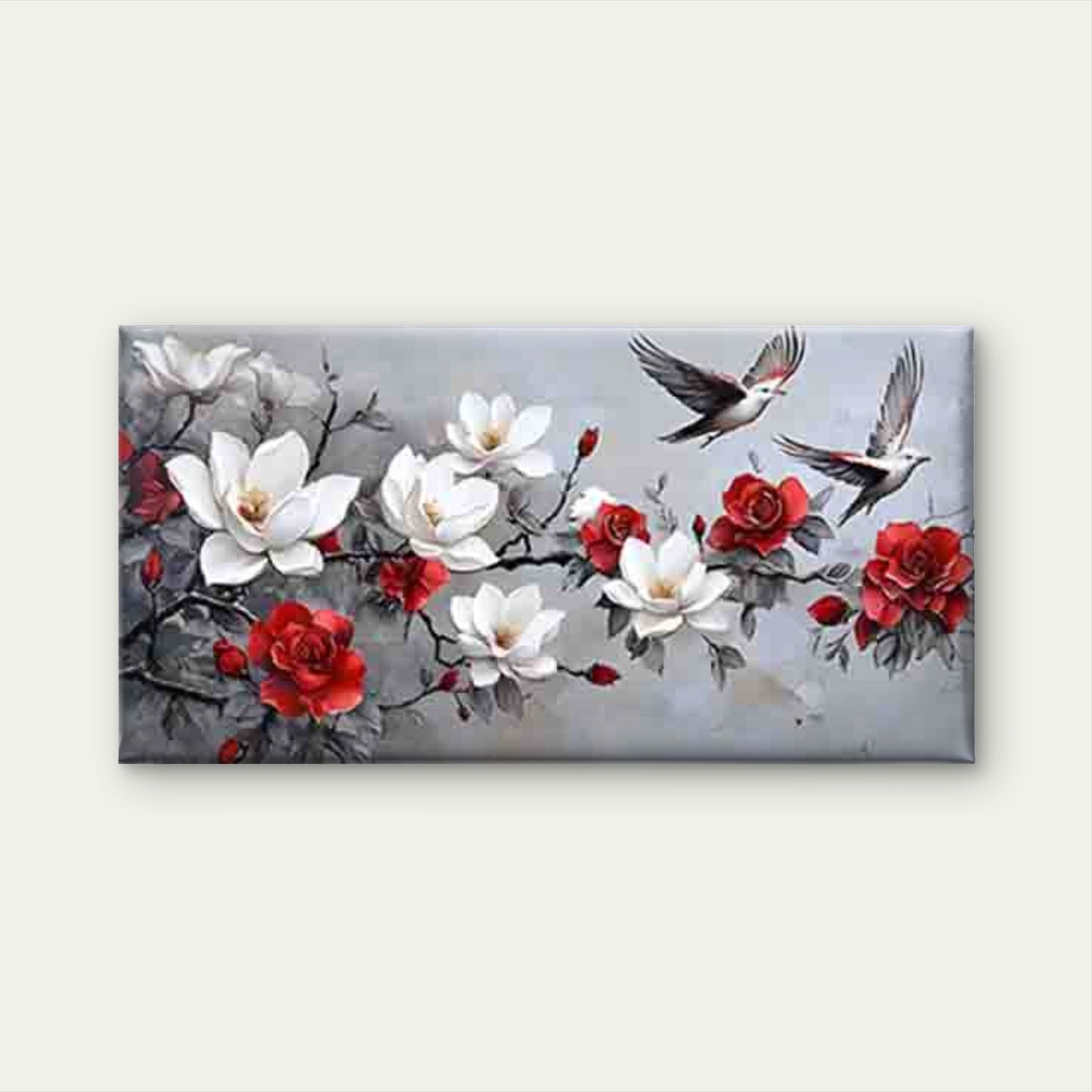 White Floral with Flying Birds Wall Art Canvas Office Home Room Framed 120x60cm - Bella Home Decor