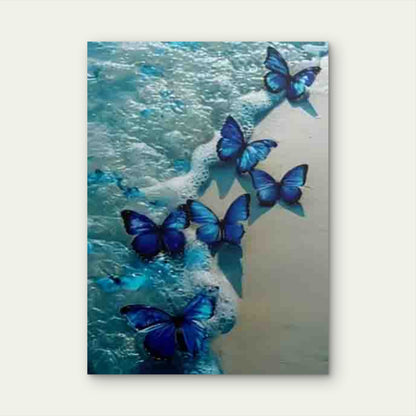 Blue Butterflies on Seashore with Waves Metal Print Ready to Hang - Bella Home Decor