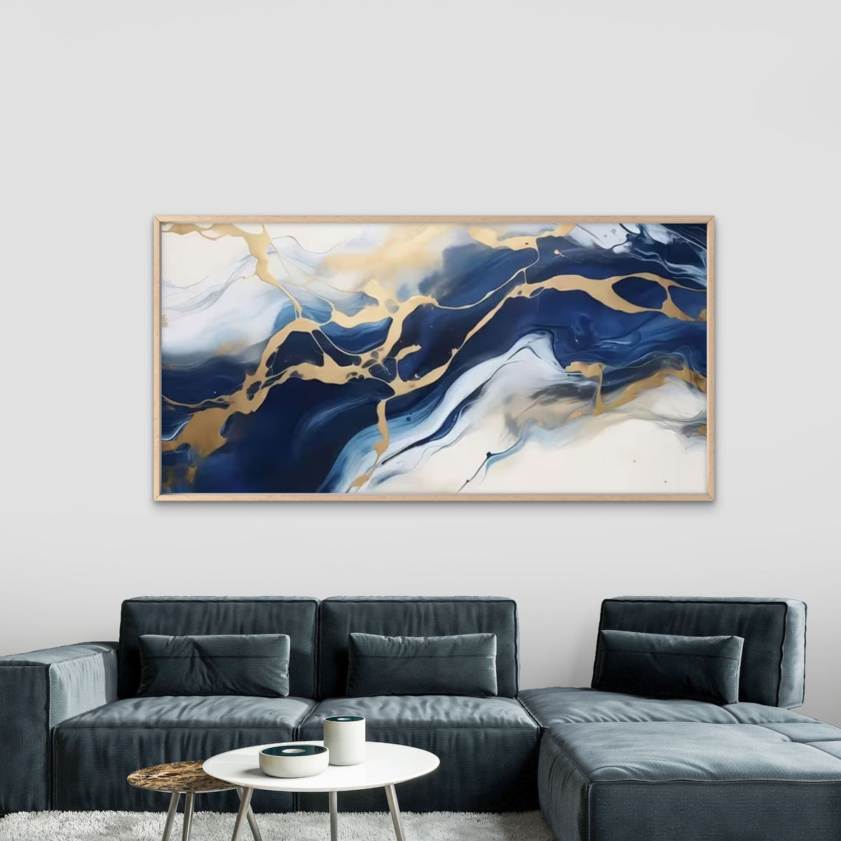 Blue, Golden & White Marble Wall Art Canvas Office Home Room Framed 120x60cm