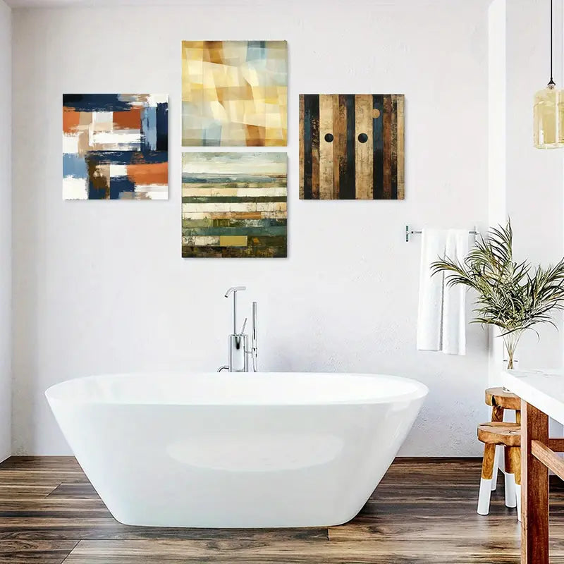 4pcs  Blue, Orange, Gray & Brown Color Block Desi Wall Art Canvas Framed