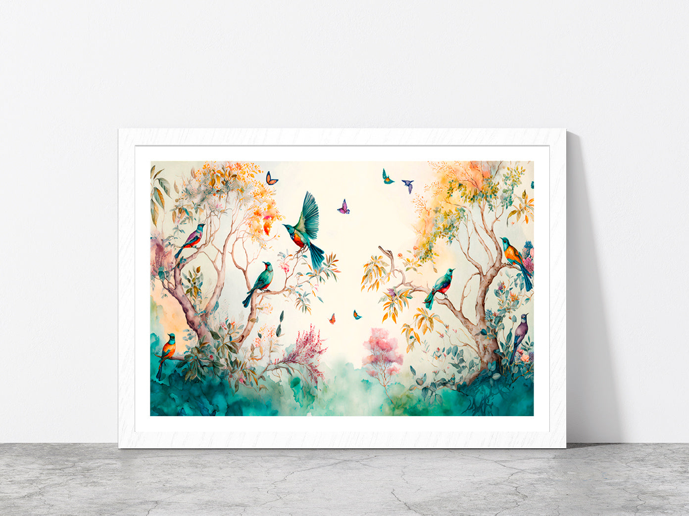 Birds & Butterflies Garden Paint Glass Framed Wall Art, Ready to Hang Quality Print With White Border White