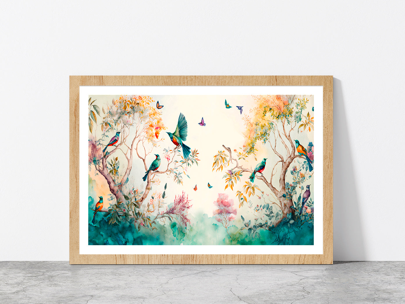 Birds & Butterflies Garden Paint Glass Framed Wall Art, Ready to Hang Quality Print With White Border Oak