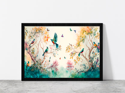 Birds & Butterflies Garden Paint Glass Framed Wall Art, Ready to Hang Quality Print Without White Border Black