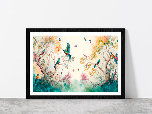 Birds & Butterflies Garden Paint Glass Framed Wall Art, Ready to Hang Quality Print With White Border Black