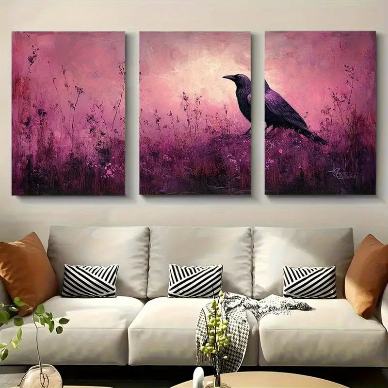 3pcs Abstract Raven & Purple Wildflowers Metal Print Ready to Hang Art - Bella Home Decor