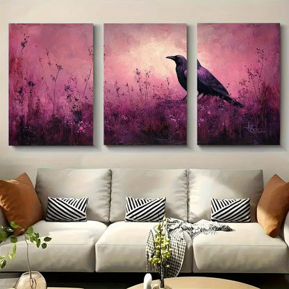 3pcs Abstract Raven & Purple Wildflowers Metal Print Ready to Hang Art - Bella Home Decor