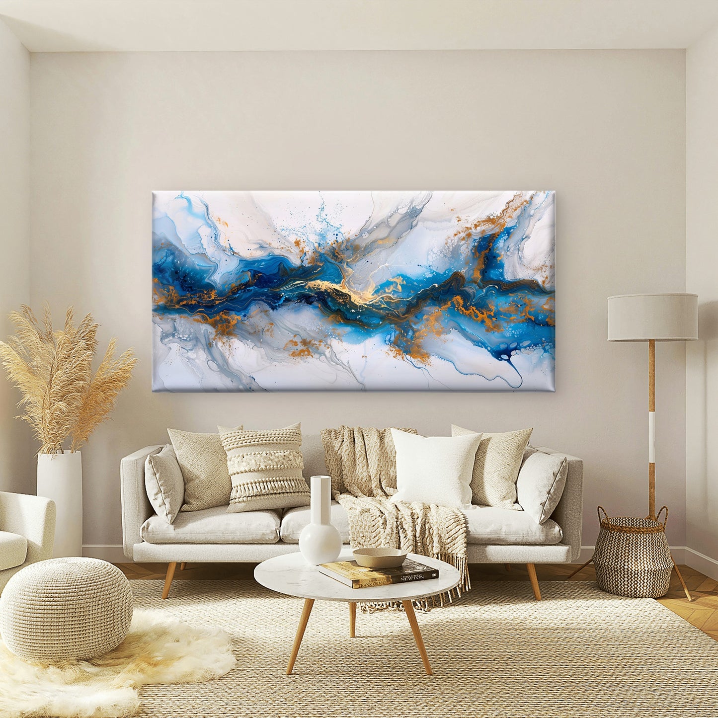 Blue Gold Liquid Marble Flow Wall Art Canvas Office Home Room Framed 120x60cm