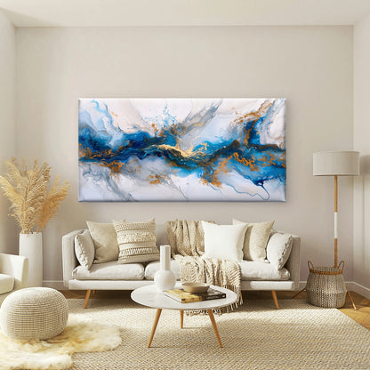 Blue Gold Liquid Marble Flow Wall Art Canvas Office Home Room Framed 120x60cm