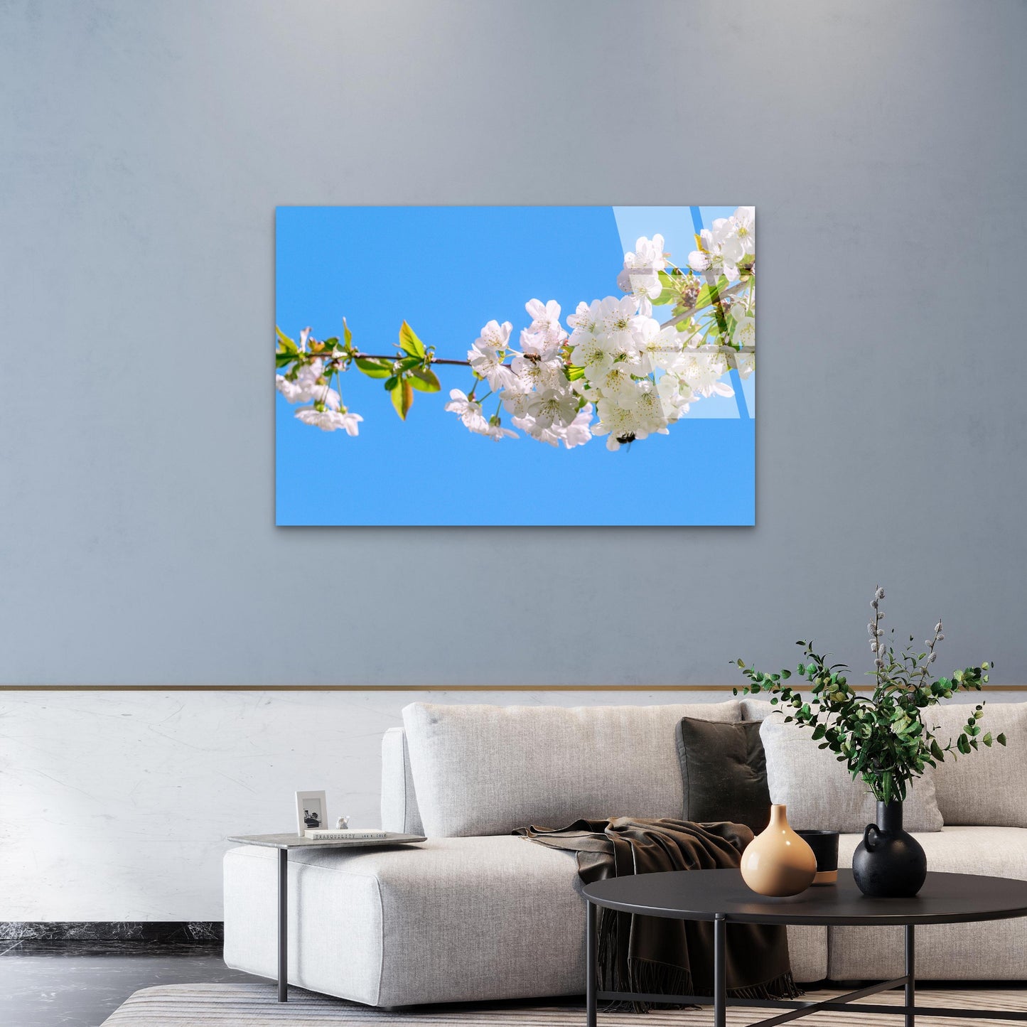 White Cherry Blossom Branch Acrylic Glass Printing Wall Art Australian Made Quality