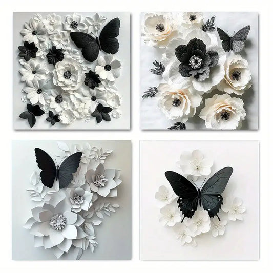 4pcs Black And White With White Flowers Wall Art Canvas Framed