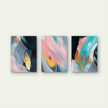 3pcs Abstract Teal Pink Navy Brushstroke Wall Art Set Canvas Framed 50x70cm - High Quality Print 100% Australian Made Wall Canvas Ready to Hang