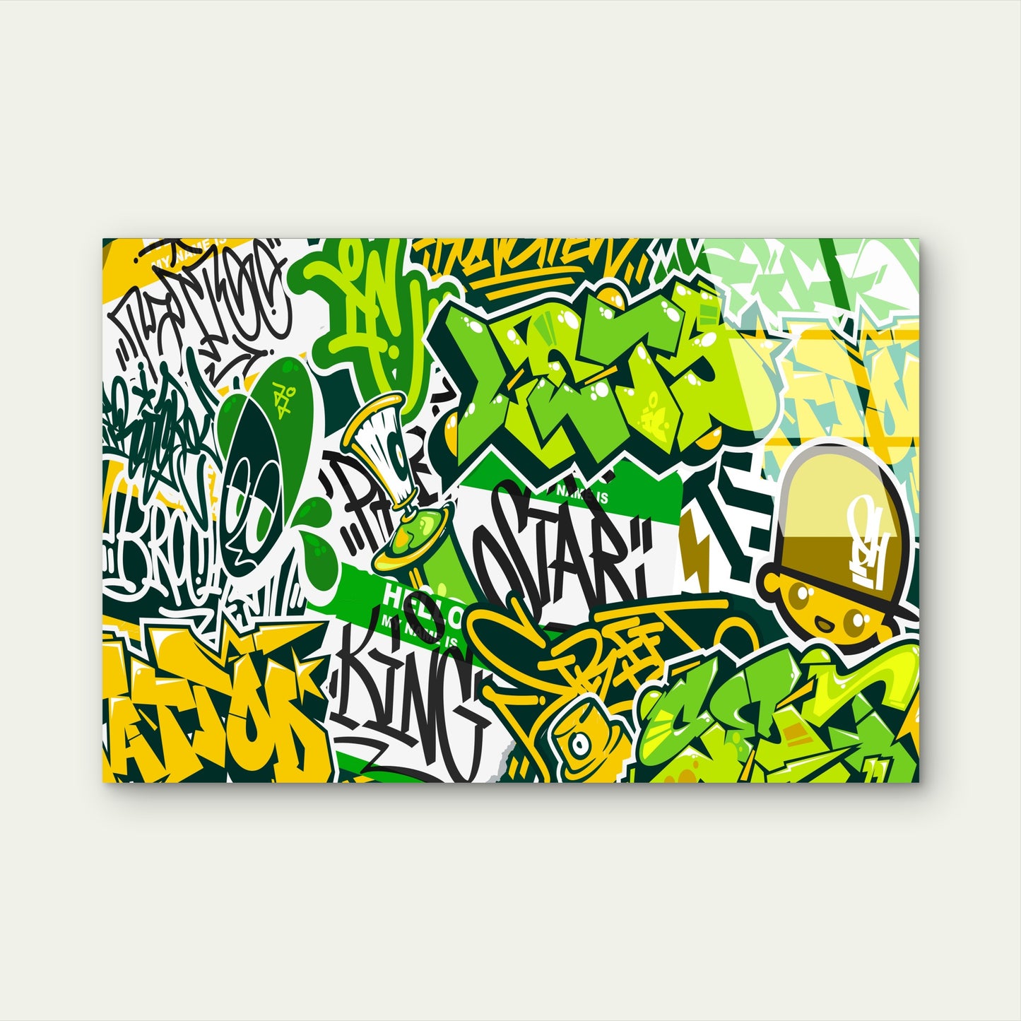 Green Yellow Cartoon Street Acrylic  Glass Printing Wall Art Australian Made Quality