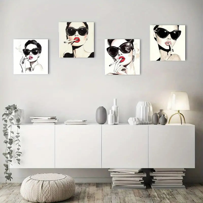 4pcs Beautiful Woman In Fashion Glasses  Wall Art Canvas Framed