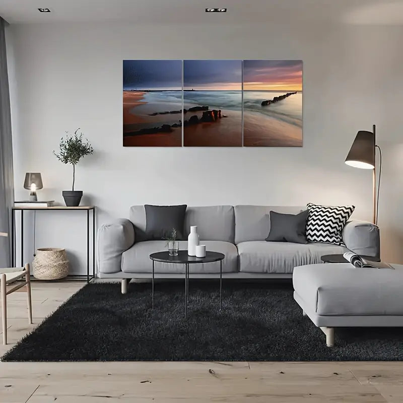 3pcs Modern Beach Sunset Ocean Landscape Triptych Metal Print Ready to Hang Art