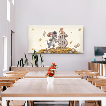 Cat & Rat Golden Coin Hammer Wall Art Canvas Office Home Room Framed 120x60cm - Bella Home Decor