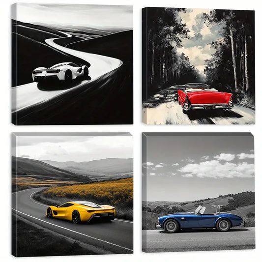 4pcs Black And White Photos  sports cars  Wall Art Canvas Framed
