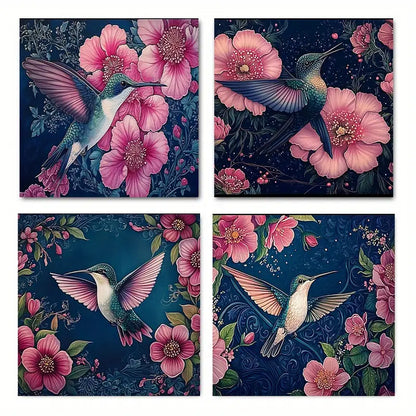 4pcs Hummingbirds & Flowers Wall Art Canvas Framed