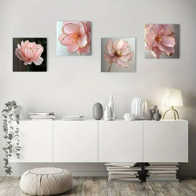 4pcs Pink Peony & Golden Accents Wall Art Canvas Framed