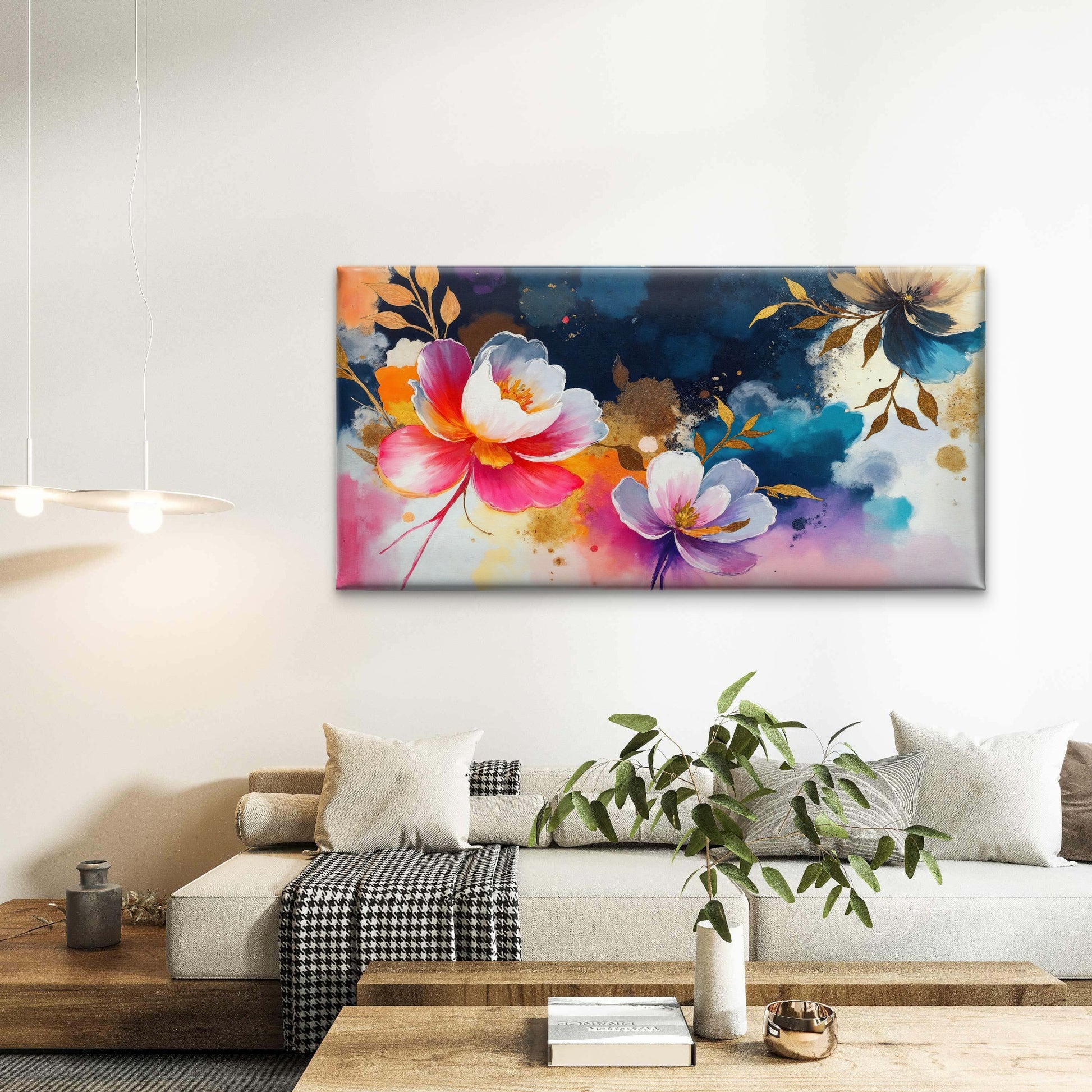 Vibrant Watercolor Gold Floral Wall Art Canvas Office Home Room Framed 120x60cm - Bella Home Decor