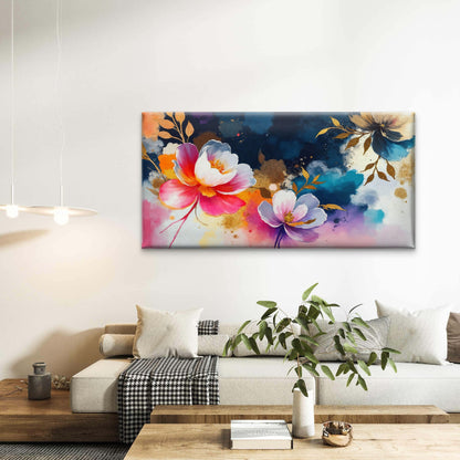 Vibrant Watercolor Gold Floral Wall Art Canvas Office Home Room Framed 120x60cm - Bella Home Decor