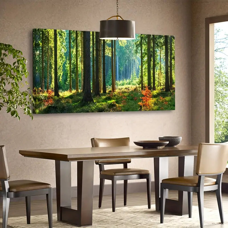 Green Forest Sunny Trees Flowers Grassland Wall Art canvas office home room framed 120x60cm - Bella Home Decor