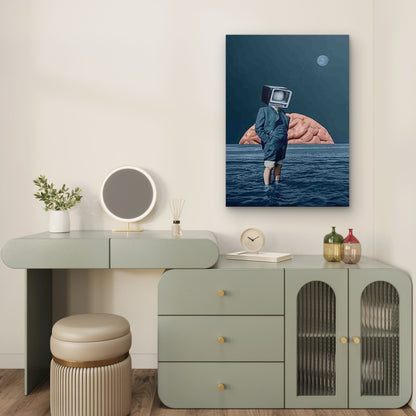 Man with TV Head & Ocean Brain in Moonlit Sky 60x90cm Metal Print Ready to Hang - Bella Home Decor