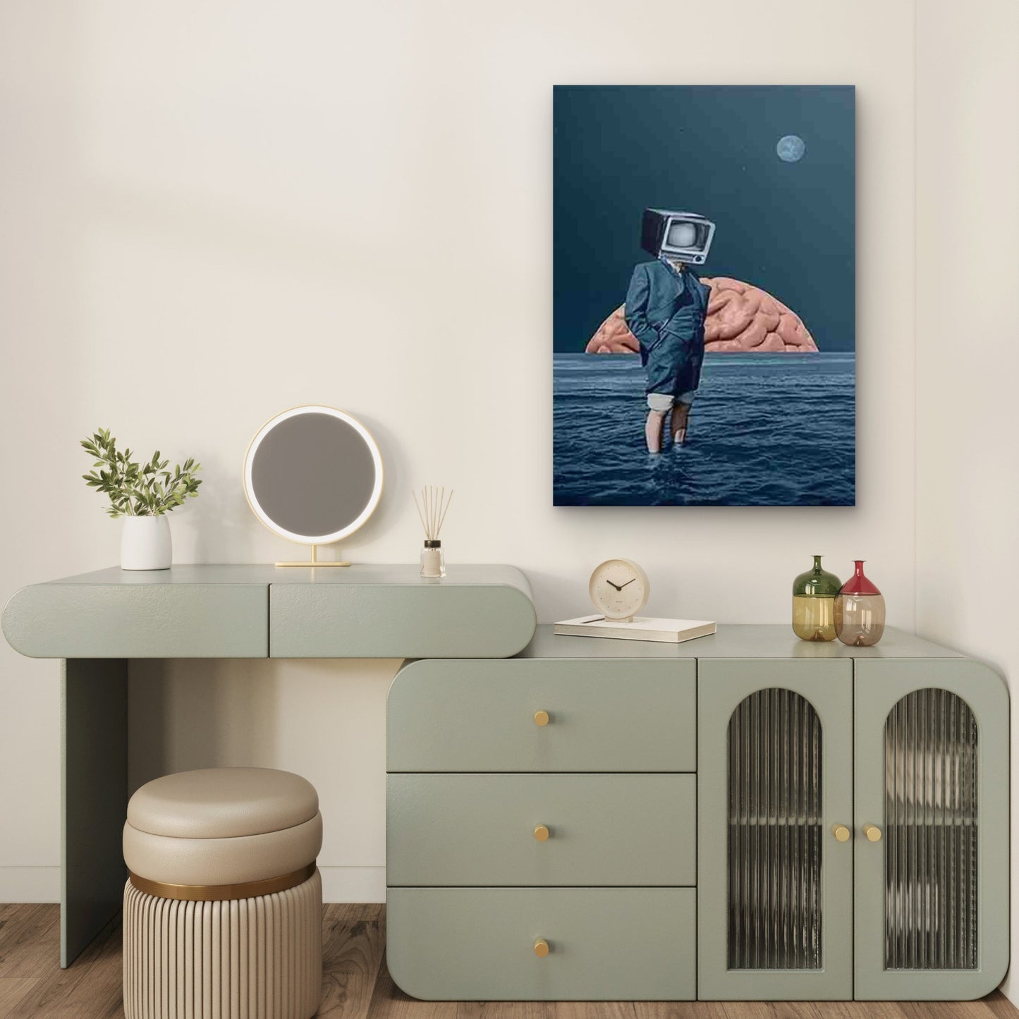 Man with TV Head & Ocean Brain in Moonlit Sky Metal Print Ready to Hang - Bella Home Decor