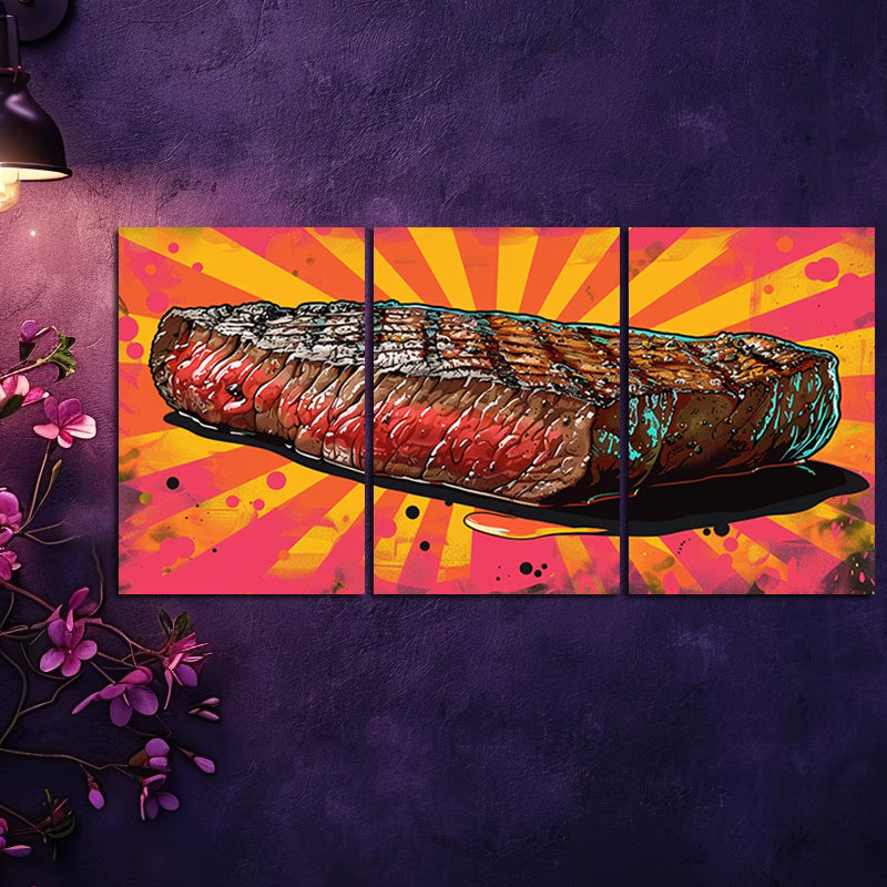 3pcs Graphic Illustration of a Grilled Steak Wall Art Set Canvas Framed 60x90cm - High Quality Print 100% Australian Made Wall Canvas Ready to Hang