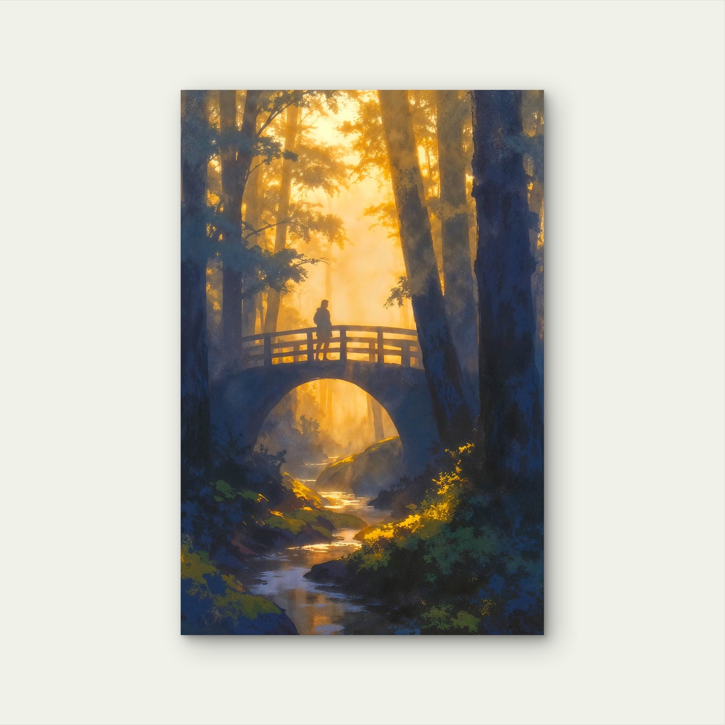 Misty Woods Bridge Figure Sunset Stream 40x60cm Metal Print Ready to Hang