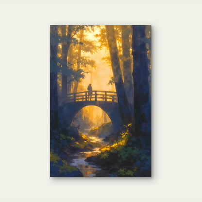 Misty Woods Bridge Figure Sunset Stream 40x60cm Metal Print Ready to Hang