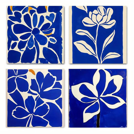 4pcs Vibrant Blue & White Floral  DS  Wall Art Canvas Framed