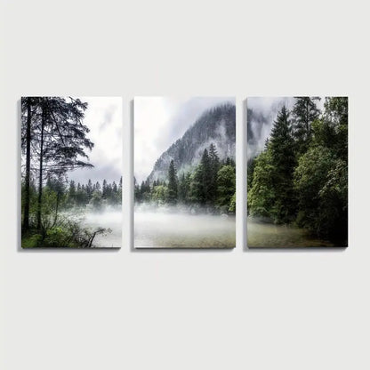 3pcs Nordic Foggy Mountain Forest Scene Wall Art Set Canvas Framed 50x70cm - High Quality Print 100% Australian Made Wall Canvas Ready to Hang