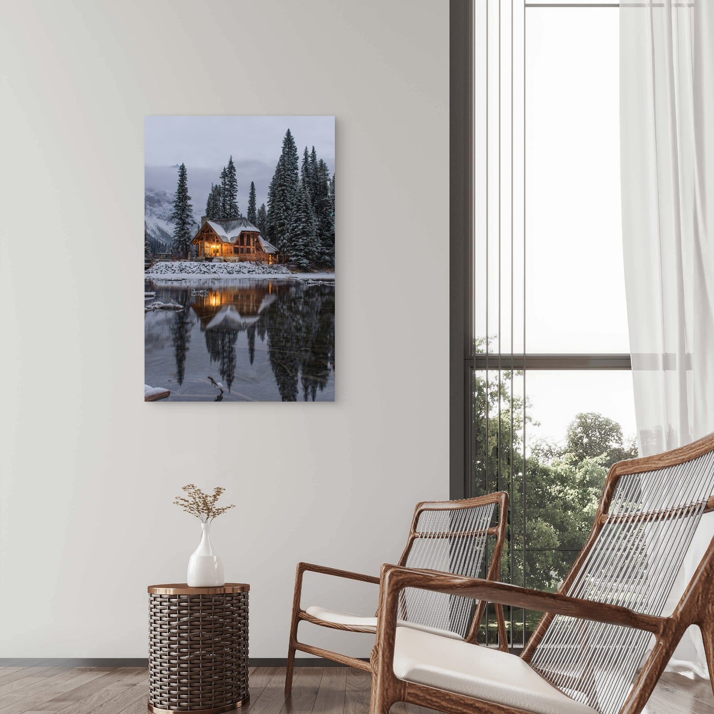 Cozy Wooden Log Cabin In A Snowy Natural Setting 40x60cm Metal Print Ready to Hang