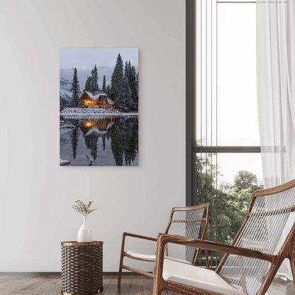Cozy Wooden Log Cabin In A Snowy Natural Setting 40x60cm Metal Print Ready to Hang