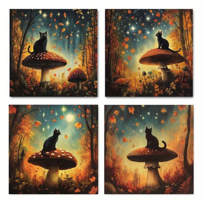 4pcs Mushroom moon Kitten Picture for Home  Wall Art Canvas Framed