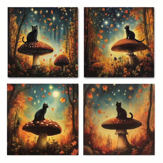 4pcs Mushroom moon Kitten Picture for Home  Wall Art Canvas Framed