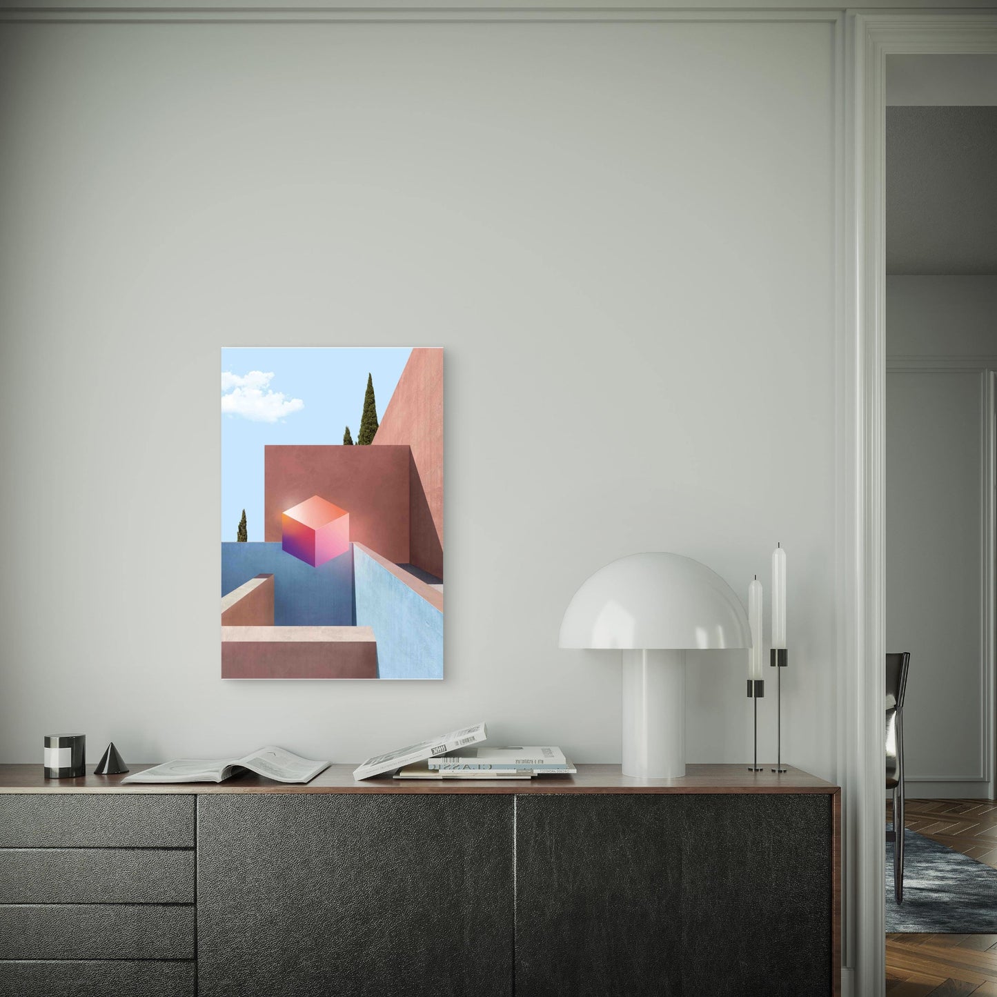 Fantasy Landscape With Gradient Cube Metal Print Ready to Hang