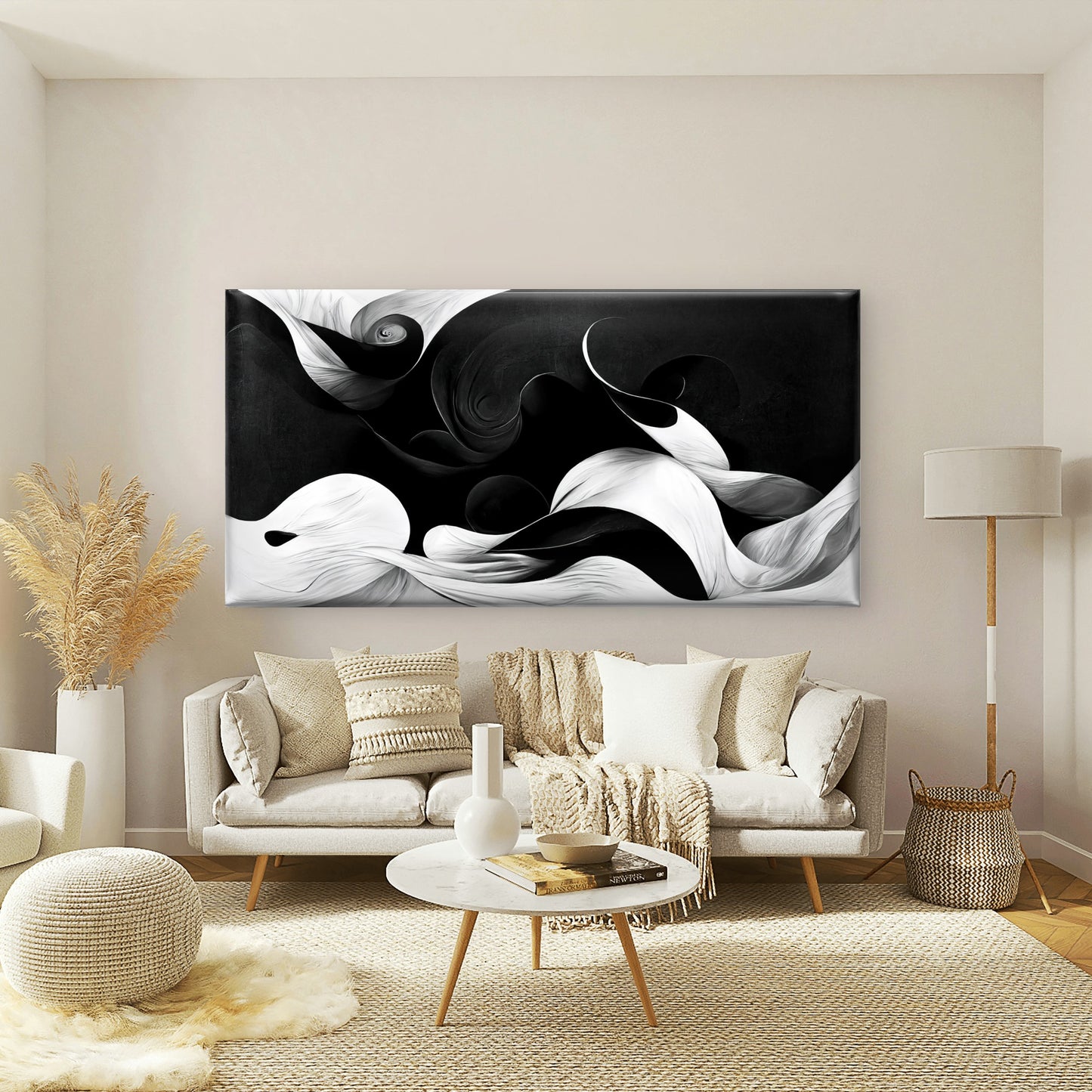 Flowing Black White Abstract Wall Art Canvas Office Home Room Framed 120x60cm