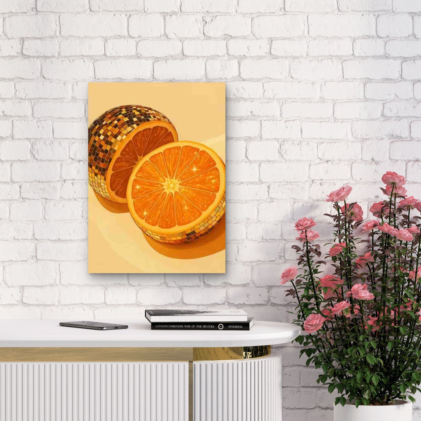 Golden Disco Ball in Orange Metal Print Ready to Hang - Bella Home Decor