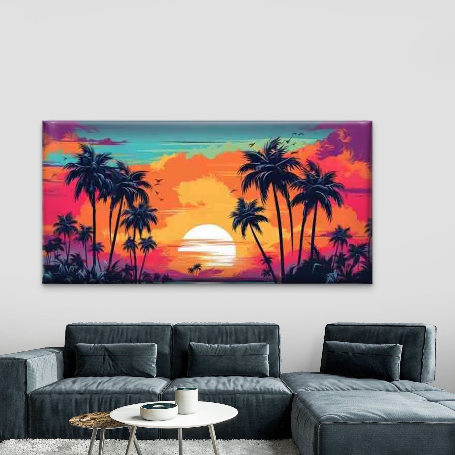 Retro-Pop Art Tropical Sunset Wall Art Canvas Office Home Room Framed 120x60cm