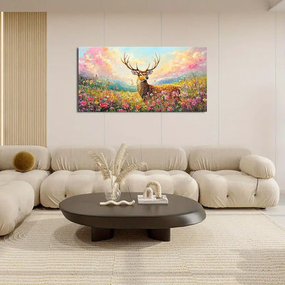Large Rustic Wildlife Nature Deer Wildflower Wall Art canvas office home room framed 120x60cm - Bella Home Decor