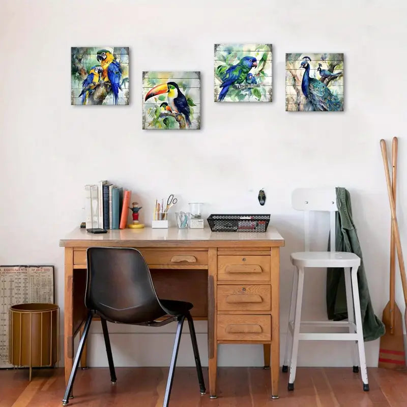 4pcs Blue Birds Rustic Pea Rooster Parrot Wall Art Canvas Framed