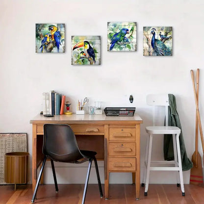 4pcs Blue Birds Rustic Pea Rooster Parrot Wall Art Canvas Framed