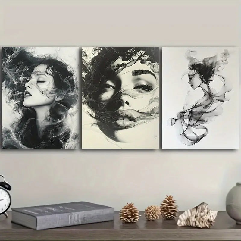 3pcs Beautiful Woman Made Of Smoke And Mist Metal Print Ready to Hang Art - Bella Home Decor