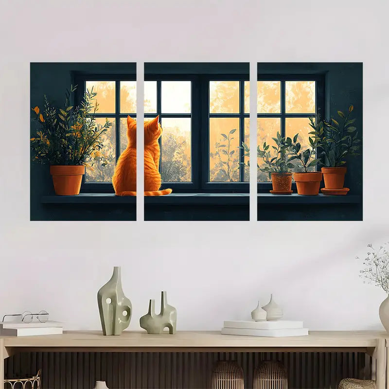3pcs Vibrant Orange Cat On Windowsill Metal Print Ready to Hang Art
