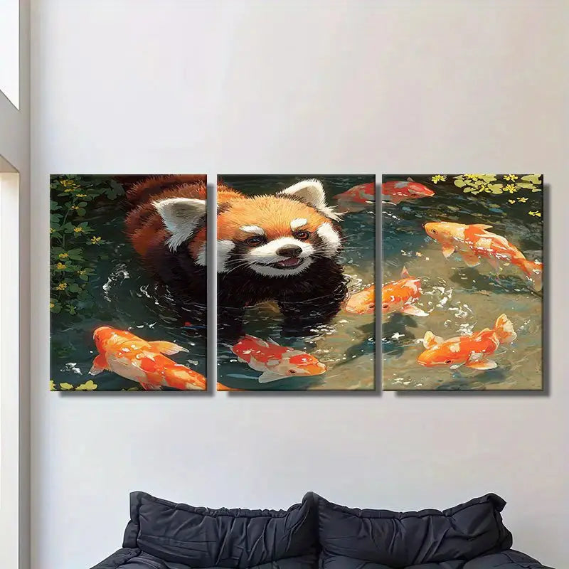 3pcs Red Panda & Koi Fish In Water Metal Print Ready to Hang Art