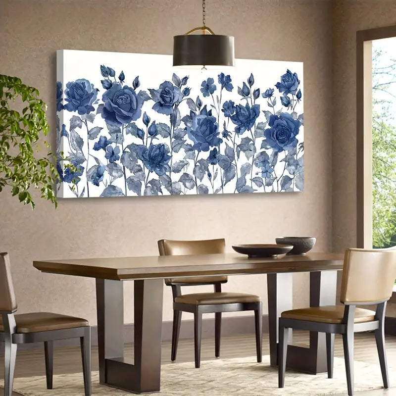 Blue Roses Botanical Blossom Nature Wall Art canvas office home room framed 120x60cm - Bella Home Decor