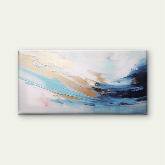 Blue Gold Ocean Swirl Sweep Wall Art Canvas Office Home Room Framed 120x60cm